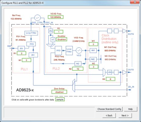 Figure 4. AD9523-1 configuration in ADIsimCLK v1.5.